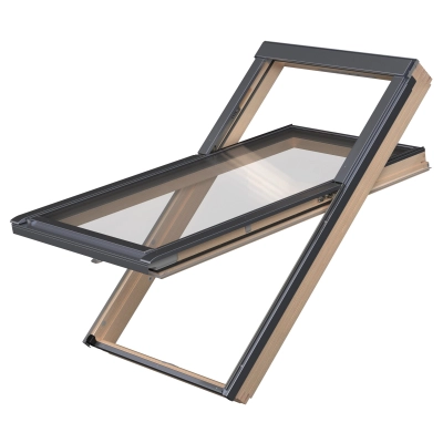 Okno drewniane trzyszybowe o podniesionej osi obrotu FAKRO FYP-X P50 bez nawiewnika rozmiar 94x160 kolor RAL 7016